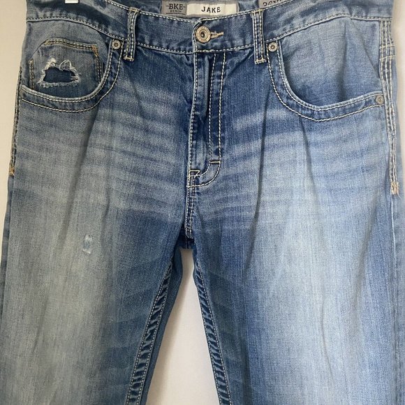 BKE Jeans Mens 33x34XL Jake Blue Denim Distressed Knee Patches Thick Stitch - Picture 6 of 11